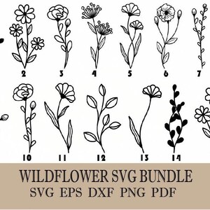 May include: A set of 15 black and white line art illustrations of wildflowers. The illustrations are simple and elegant, and they would be perfect for use in a variety of projects, such as greeting cards, invitations, and scrapbooking.