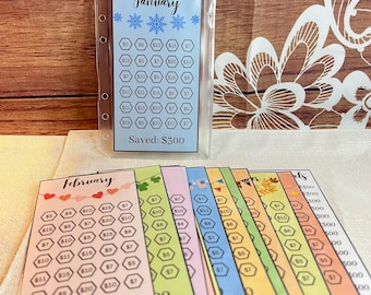 12 Month Savings Challenge | Laminated Savings Tracker Inserts| A6 Savings Challenge Bundle | Fits A6 Budget Binder | A6 Insert |