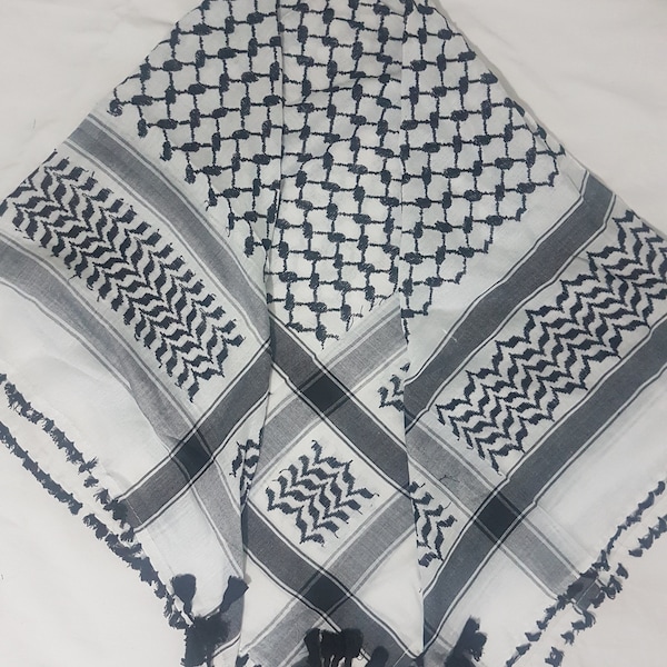 Palestine Black and White Keffiyeh scarf with Black Tassel's for Winter or Summer- NEW