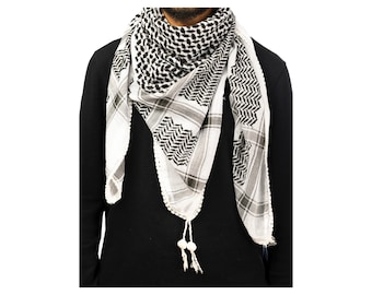 Foulard Palestine Keffiyeh noir et blanc avec pompon blanc pour l’hiver ou l’été - NOUVEAU