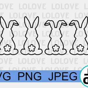 Può includere: Quattro illustrazioni in bianco e nero di conigli con un fiore sulla coda. I conigli sono rivolti in avanti con le orecchie dritte. Il testo "SVG PNG JPEG" è nella parte inferiore dell'immagine.