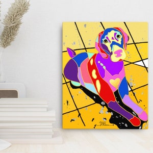 May include: A colorful abstract illustration of a dog on a yellow background with black and white geometric shapes. The dog is depicted in a variety of colors, including purple, red, pink, and blue.