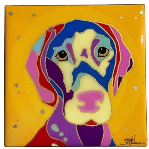 May include: A colorful, abstract painting of a dog's face on a yellow background. The dog's fur is painted in shades of blue, purple, pink, and yellow. The painting is signed "Tara Olivia".