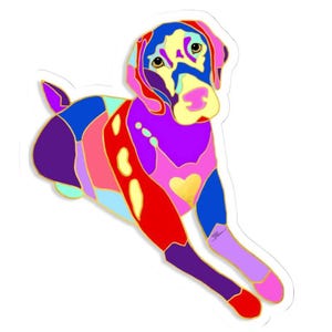 May include: A colorful sticker featuring a stylized dog illustration. The dog is depicted in a patchwork of vibrant colors, including blue, purple, pink, red, and yellow, with gold accents. The dog is lying down, with a heart shape on its chest.