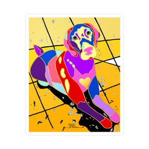 May include: A colorful sticker featuring a stylized dog illustration. The dog is depicted in vibrant hues of pink, purple, blue, red, and yellow, with a gold heart accent. The background is yellow with black grid lines and silver flecks.