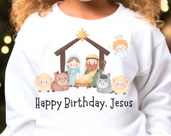 Happy Birthday Jesus Christmas Shirt, Unisex Youth Sweatshirt, Jesus Birth Nativity, Christmas Sweater Gift, Christian Sweatshirt Youth Gift