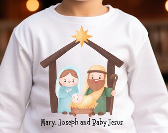 Toddler LS T-shirt, Christian Shirt, Nativity Teaching Tee , Happy Birthday Jesus Collection, Faith Shirt , Mary & Joseph and Baby Jesus,