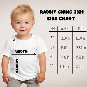 May include: Size chart for children's clothing, showing width and length measurements in inches for sizes 2T, 3T, 4T, and 5T.