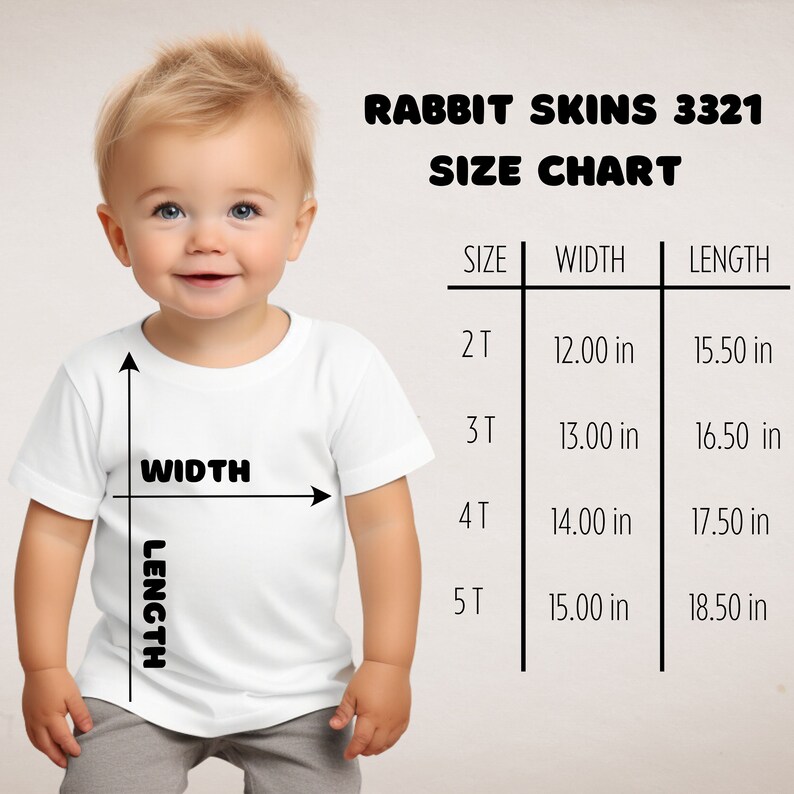 May include: Size chart for children's clothing, showing width and length measurements in inches for sizes 2T, 3T, 4T, and 5T.