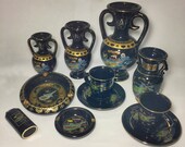 Handmade Ancient Greek-Cyprus Ceramics Set, Rare Vintage Archaic Plates collection, Vintage Vase, Amphorm, Ancient greek pottery