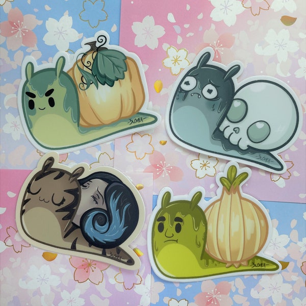 Snail Series 2 | Autumn Fall Snail Friends | Halloween | Spooky | Slug Girl head | Pumpkin | Skull | Shrek | 3 inch | Vinyl Matte Sticker