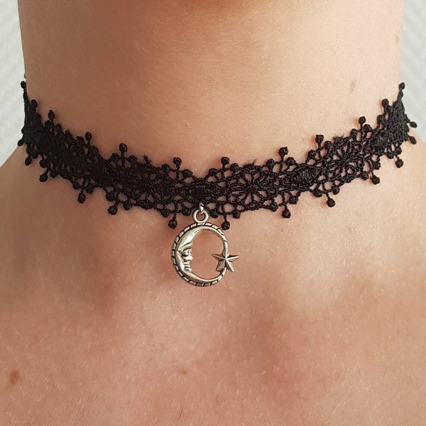 Ras de cou en dentelle noire lune et étoile