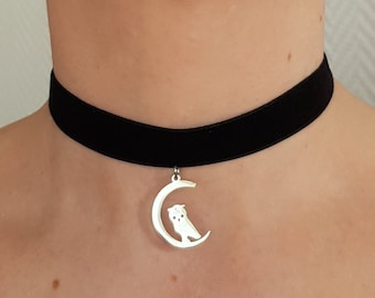 Collier ras de cou hibou, sur croissant de lune, en acier inoxydable et velours noir