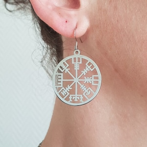 Boucles d'oreilles Vegvisir, boussole viking, en acier inoxydable