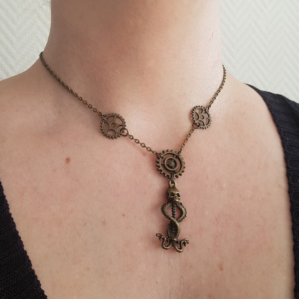 Collier caducé steampunk et engrenages