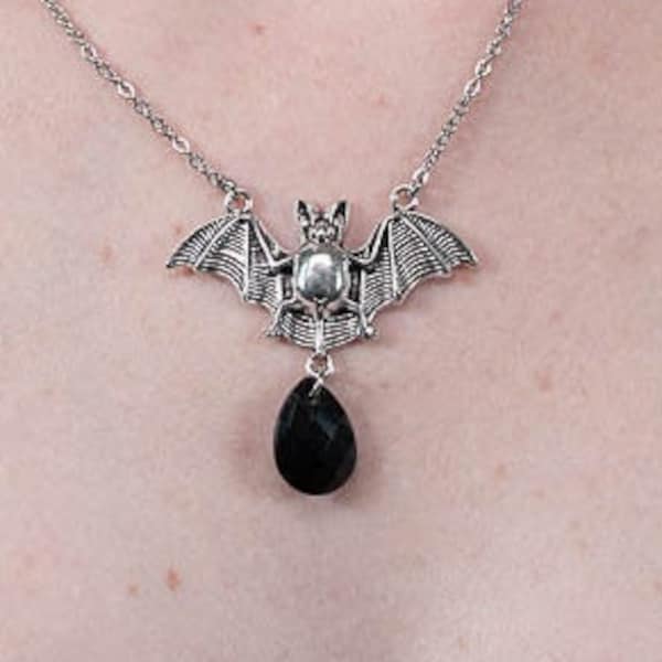 Silver or bronze bat necklace with pearl, Gothic style