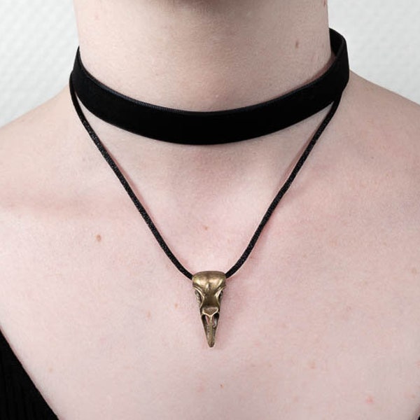 Collier choker crâne de corbeau à double rang Raven, bronze ou argenté