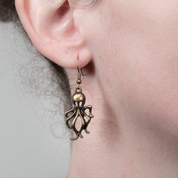 Boucles d'oreilles kraken couleur bronze, style steampunk