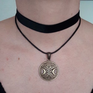 Double Row Triple Moon and Pentacle Choker with Celtic Tree, Bronze Color