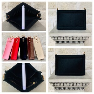 May include: A set of six felt bag organizers in various colors, including pink, red, black, brown, and beige. The organizers have a zipper closure and a strap for carrying. The organizers are shown in both an open and closed position.