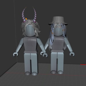 May include: Two gray Roblox avatars holding hands. One avatar has large, curved horns and messy hair. The other avatar wears a hat and has long, flowing hair. Both avatars are wearing gray clothing.