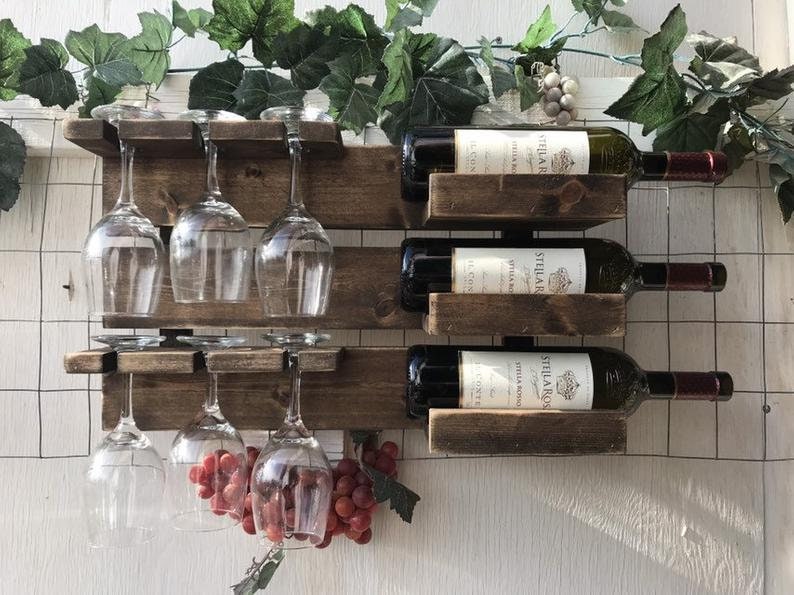 DISTRESSED. Wooden wall mounted wine rack holds 3 bottles 6 glasses. Wood Wine Rack Hanging, Custom made.