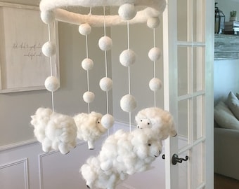 Wool Sheep Lamb Nursery Mobile for Baby's Room Crib Decoration