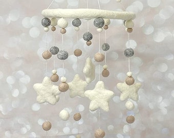 Star Baby Mobile for Nursery Room Girl Boy Gender Nuetral Hanging Decor, Felted Wool Balls Pom Pom and Stars