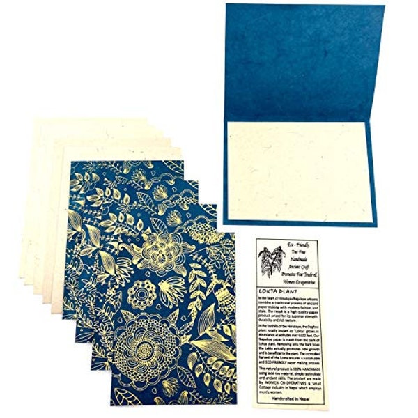 Nepal Greeting Card and Envelope Set: Dark Teal and Gold Notecards, Handmade Lokta Paper Stationary Gift