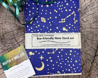 Juego de tarjetas de felicitación de Nepal: Luna y estrellas, tarjetas y sobres en blanco (5 tarjetas + 5 sobres), papel Lotka ecológico hecho a mano.
