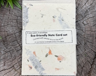 Nepal Greeting Card Set- Handmade Pressed Dried Flower and Fern Leaves Blank Cards and Envelopes, 5 cards + 5 envelopes- Eco-friendly Lotka