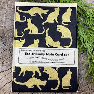 Juego de sobres y tarjetas de felicitación de Nepal: gatos, papelería ecológica hecha a mano en papel lokta
