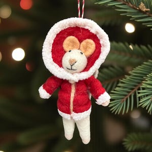 Mouse Puffer Jacket Ornament – Felted Felt Wool Handmade Christmas Tree Holiday Decoration Holiday Hanging Decoration Christmas Animal Gift