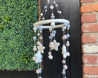 Star Baby Mobile for Nursery Room Girl Boy Gender Nuetral Hanging Decor, Felted Wool Balls Pom Pom and Stars