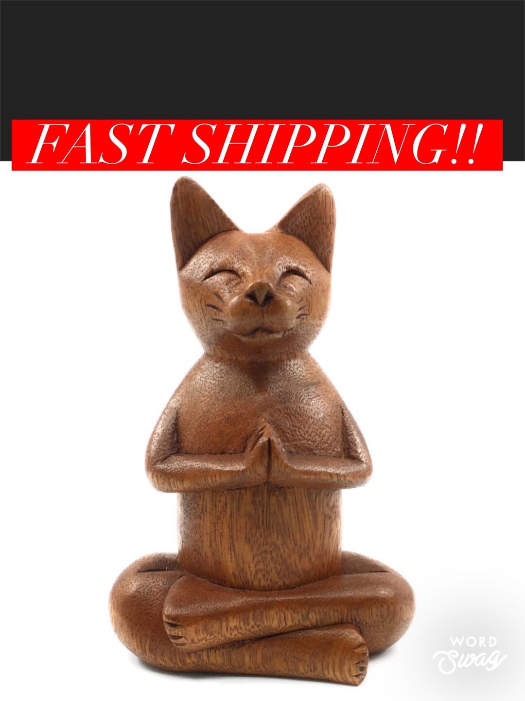 Hand Carved Wood Yoga Cat Statue Figurine Meditation Buddha Zen Gift