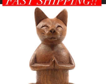 Hand Carved Wood Yoga Cat Statue Figurine Meditation Buddha Zen Gift for Her Him Yogi Yoga Statue