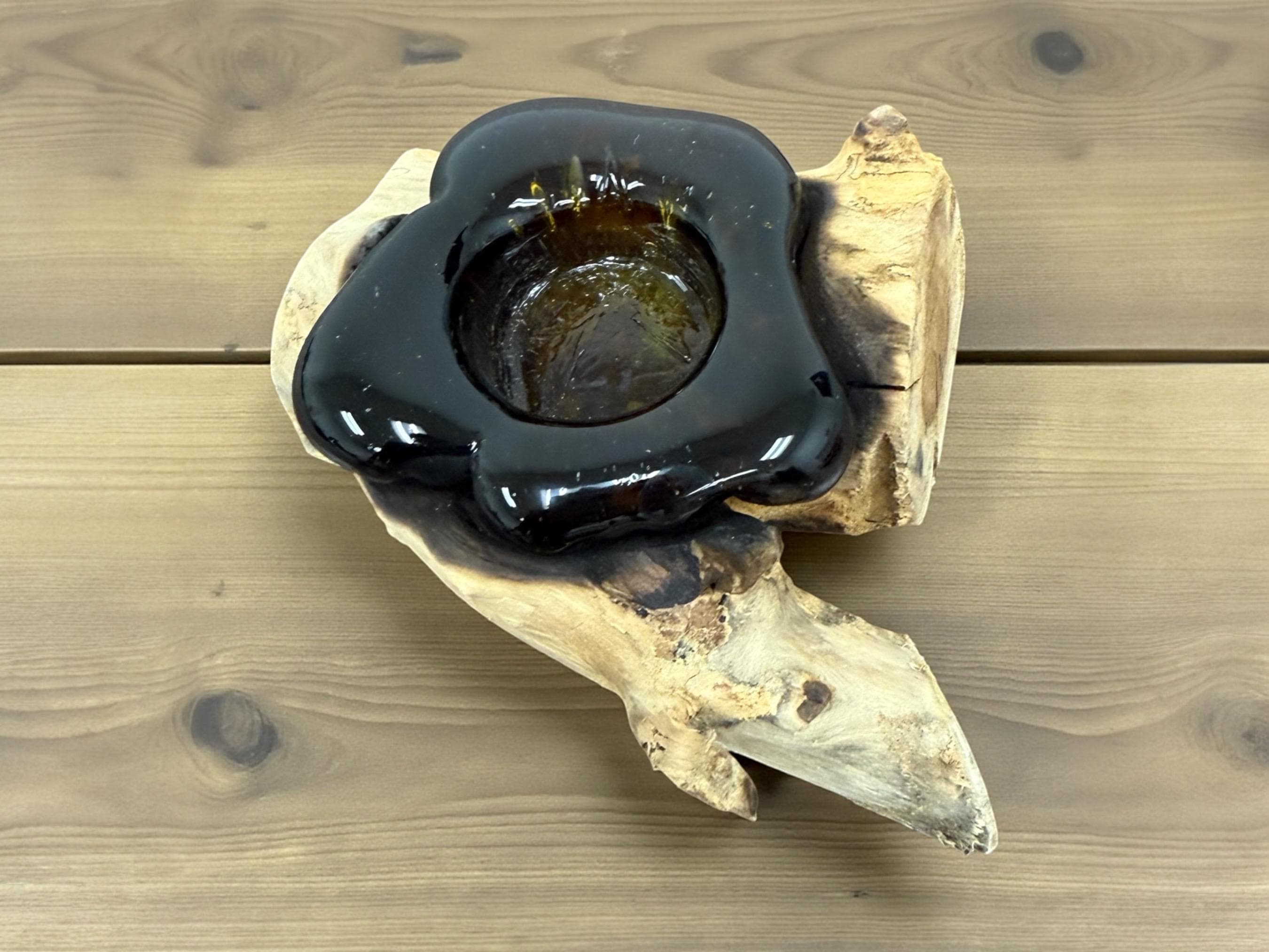 Bougeoir Double En Verre Fondu Sur Bois Flotté - Fait Main - Indonésie