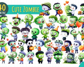40 Cute Zombie PNG Clipart | Kawaii Halloween Zombie Digital Download | Spooky Undead Sublimation Bundle