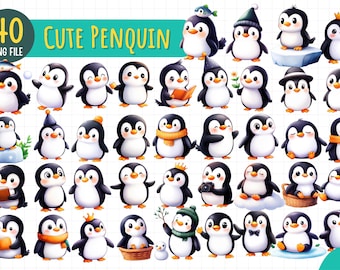 40 Cute Penguin PNG Clipart | Baby Penguin Digital Download | Winter Animal Sublimation Bundle