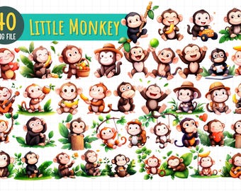 40 Little Monkey PNG Clipart | Cute Monkey Digital Download | Jungle Animal Sublimation Bundle