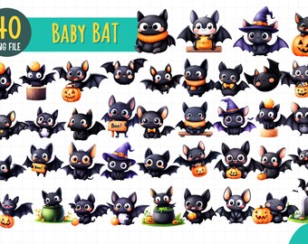 40 babyvleermuis png-afbeeldingen | Leuke digitale download van Halloween-vleermuis | Spooky Kawaii-sublimatiebundel