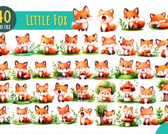 40 Little Fox PNG Clipart | Cute Fox Digital Download | Woodland Baby Animal Sublimation Bundle