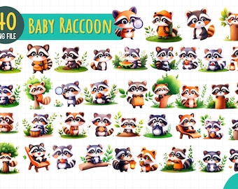 40 Baby Raccoon PNG Clipart | Cute Raccoon Digital Download | Woodland Animal Sublimation Bundle