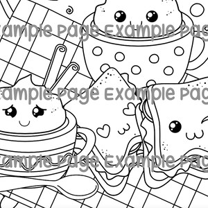 May include: Black and white illustration of kawaii-style food items. The image features a cup of coffee with whipped cream, a sandwich, and a pastry, all with cute, expressive faces. The items are arranged on a checkered surface.