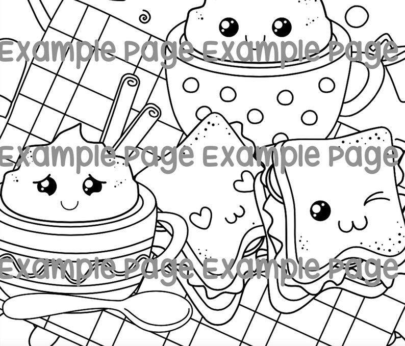 May include: Black and white illustration of kawaii-style food items. The image features a cup of coffee with whipped cream, a sandwich, and a pastry, all with cute, expressive faces. The items are arranged on a checkered surface.