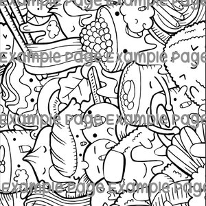 May include: Black and white cartoon illustration of various food items, including sushi, grapes, and other stylized elements. The image has the text "Example Page" repeated throughout the design.