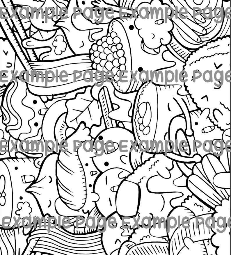 May include: Black and white cartoon illustration of various food items, including sushi, grapes, and other stylized elements. The image has the text "Example Page" repeated throughout the design.