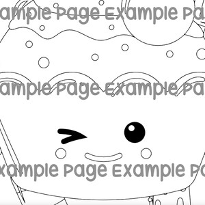 May include: Black and white line art of a cupcake with a winking face. The cupcake has a round cherry on top and is decorated with polka dots and hearts. The words "Example Page" are repeated around the image.