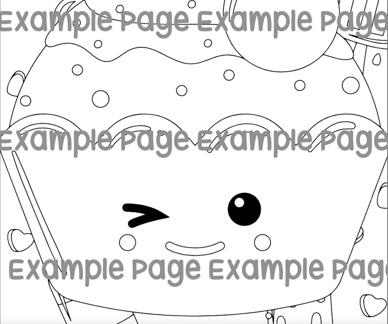 May include: Black and white line art of a cupcake with a winking face. The cupcake has a round cherry on top and is decorated with polka dots and hearts. The words "Example Page" are repeated around the image.