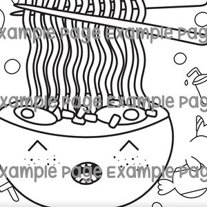 May include: Black and white line art illustration of a bowl of ramen with a smiling face. Chopsticks hold noodles above the bowl, with additional food items and a drink in the background. A fun, cartoon-style drawing.